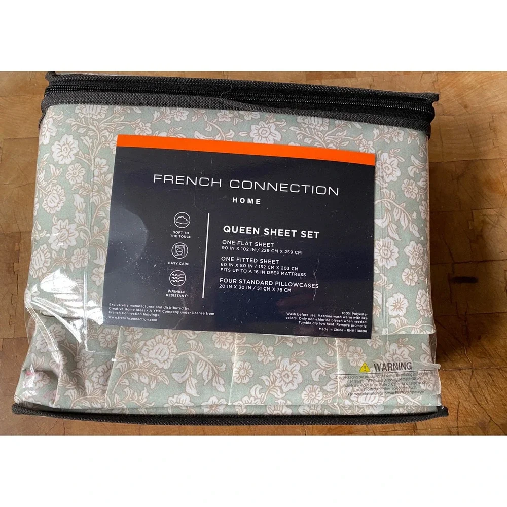 Brand New French Connection Home Queen‎ Sheet Set Floral Sage Green 6 Piece